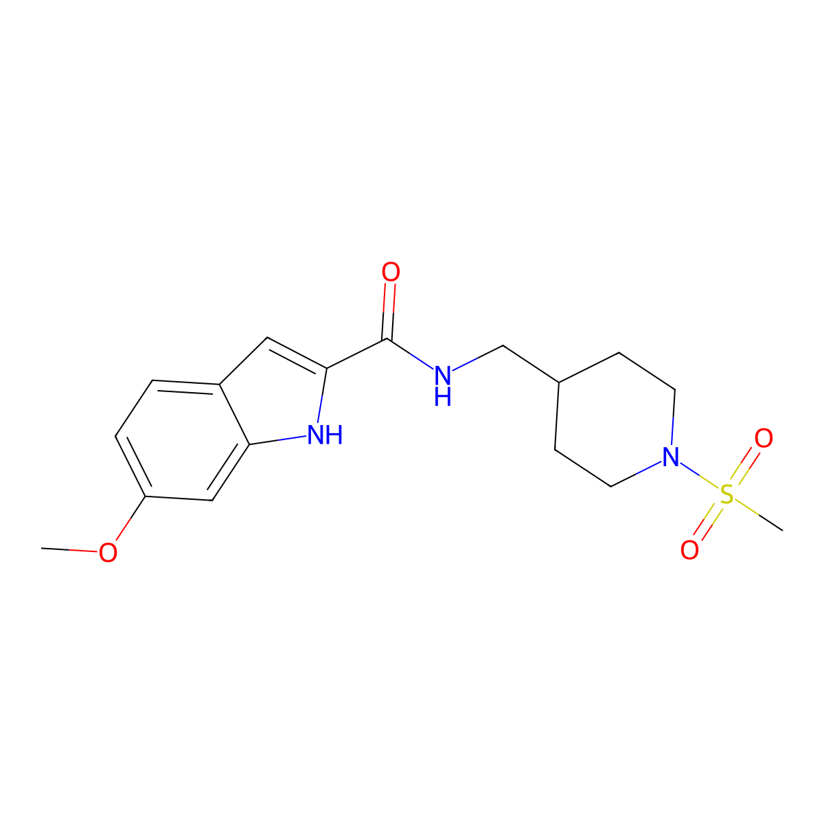 6-methoxy-N-((1-(methylsulfonyl)piperidin-4-yl)methyl)-1H-indole-2-carboxamide molecular structure, CAS 1797793-63-5