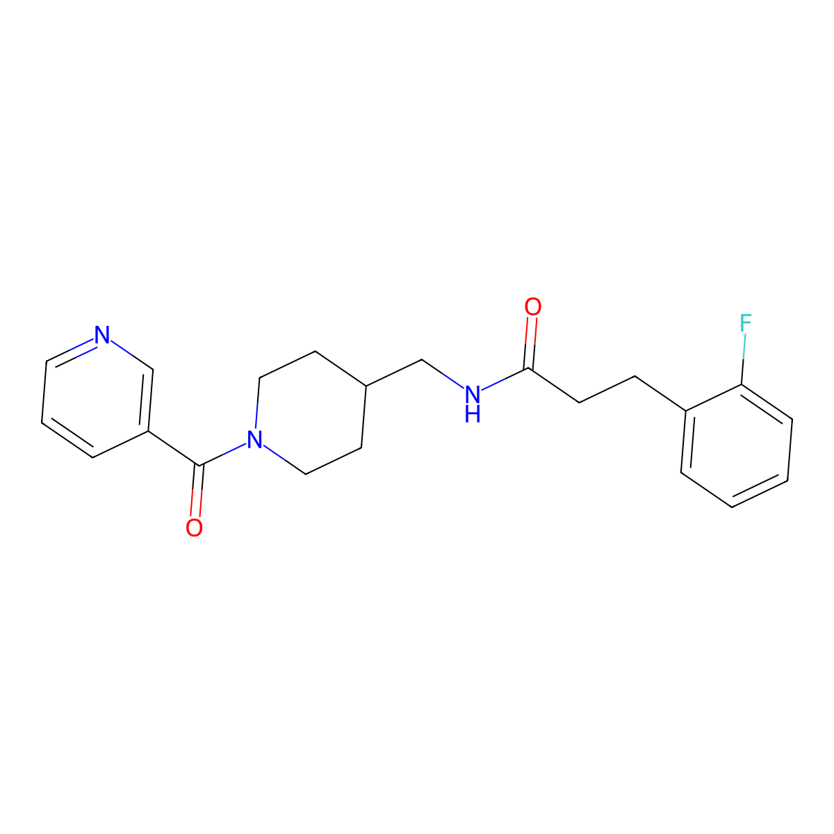 3-(2-fluorophenyl)-N-((1-nicotinoylpiperidin-4-yl)methyl)propanamide molecular structure, CAS 1797802-21-1
