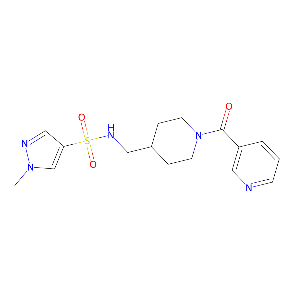 1-methyl-N-((1-nicotinoylpiperidin-4-yl)methyl)-1H-pyrazole-4-sulfonamide molecular structure, CAS 1797802-31-3