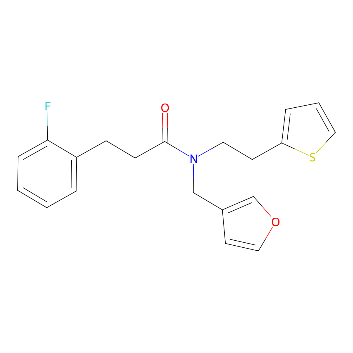 3-(2-fluorophenyl)-N-(furan-3-ylmethyl)-N-(2-(thiophen-2-yl)ethyl)propanamide molecular structure, CAS 1797803-03-2