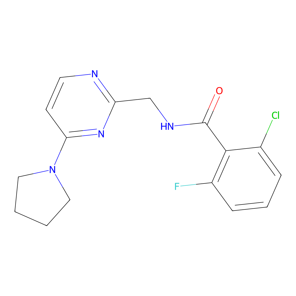 2-chloro-6-fluoro-N-{[4-(pyrrolidin-1-yl)pyrimidin-2-yl]methyl}benzamide molecular structure, CAS 1797803-82-7