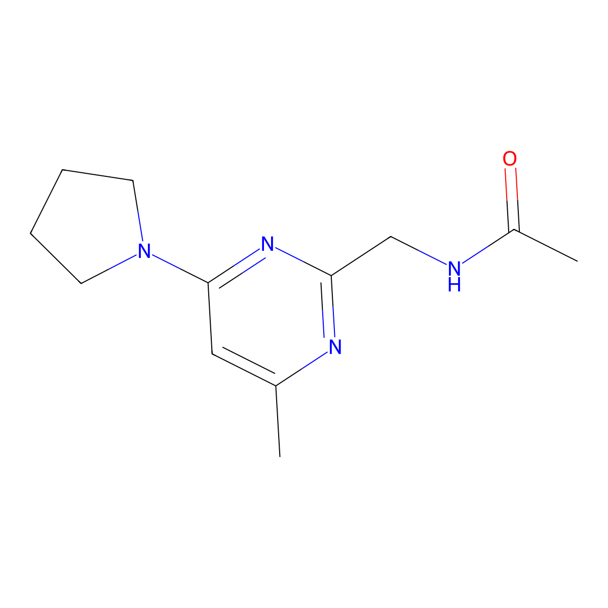 N-((4-methyl-6-(pyrrolidin-1-yl)pyrimidin-2-yl)methyl)acetamide molecular structure, CAS 1797804-15-9