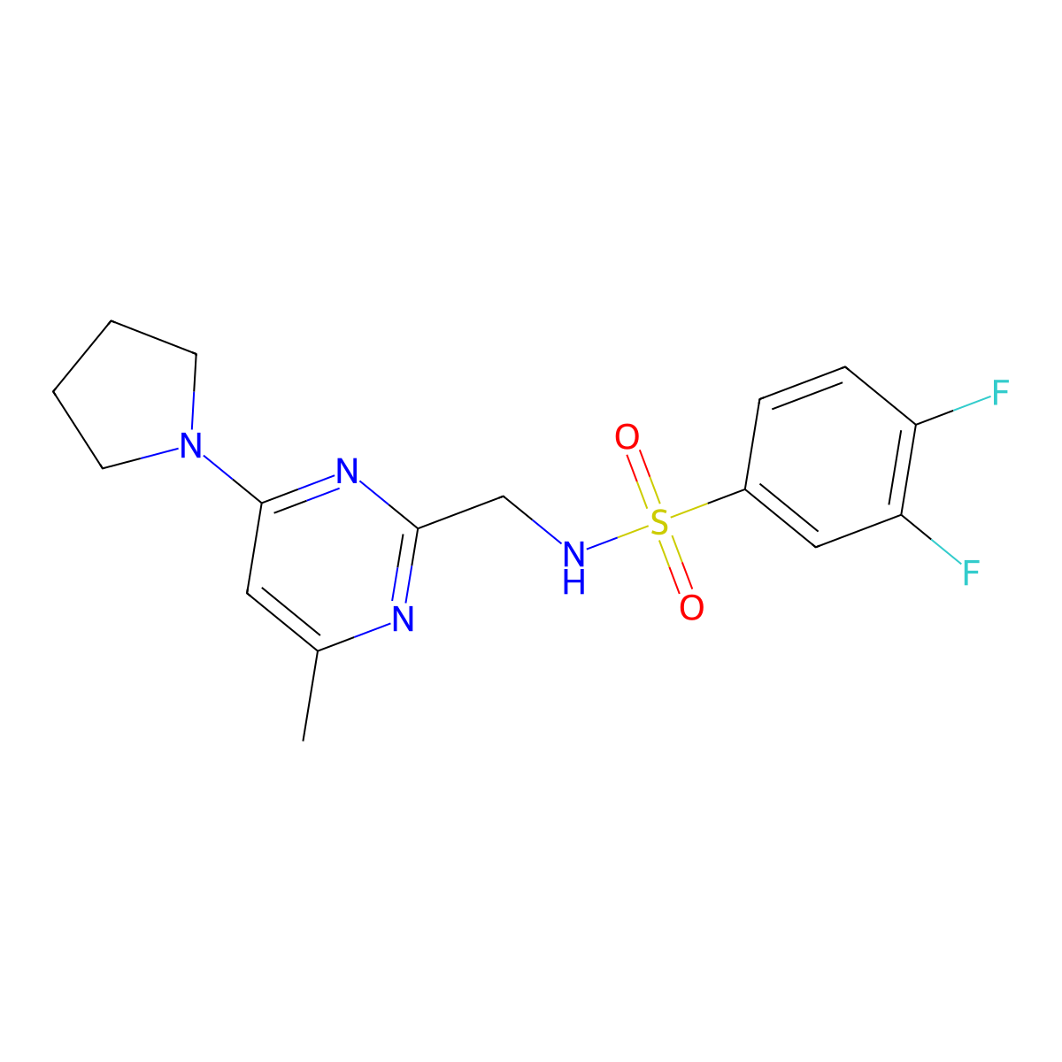 3,4-difluoro-N-((4-methyl-6-(pyrrolidin-1-yl)pyrimidin-2-yl)methyl)benzenesulfonamide molecular structure, CAS 1797804-50-2