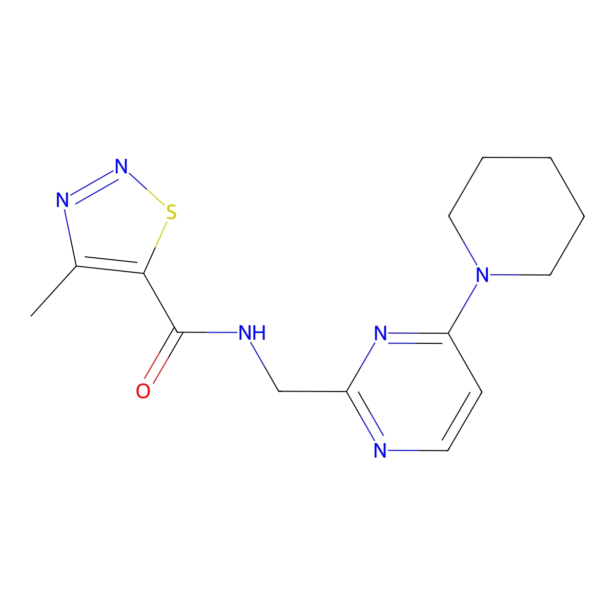 4-methyl-N-{[4-(piperidin-1-yl)pyrimidin-2-yl]methyl}-1,2,3-thiadiazole-5-carboxamide molecular structure, CAS 1797804-65-9