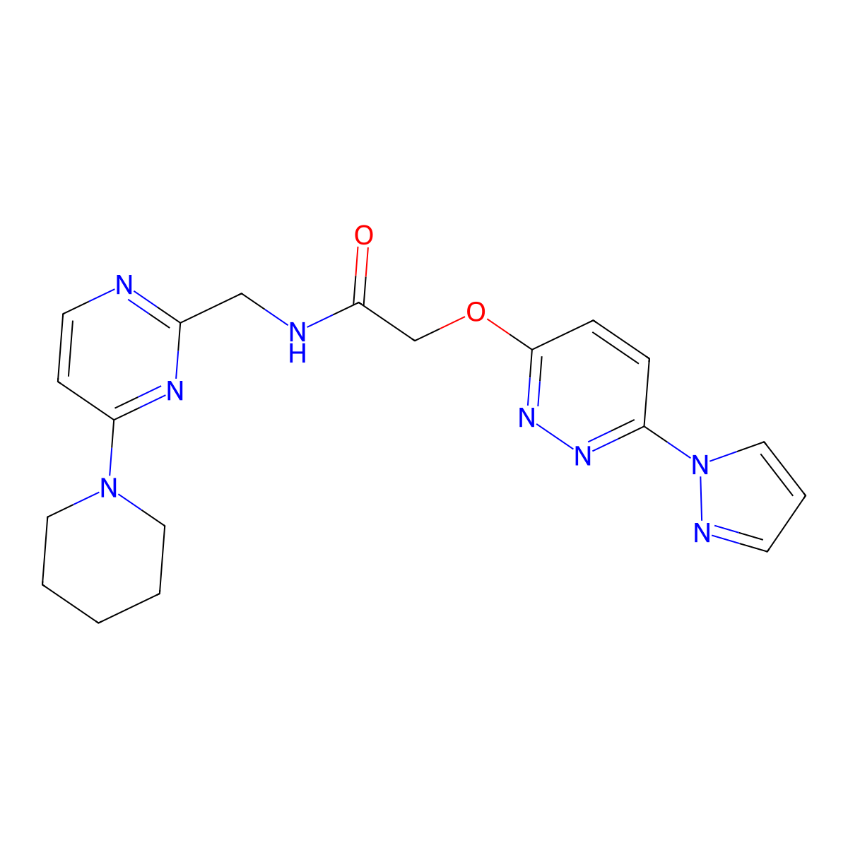 2-((6-(1H-pyrazol-1-yl)pyridazin-3-yl)oxy)-N-((4-(piperidin-1-yl)pyrimidin-2-yl)methyl)acetamide molecular structure, CAS 1797804-88-6