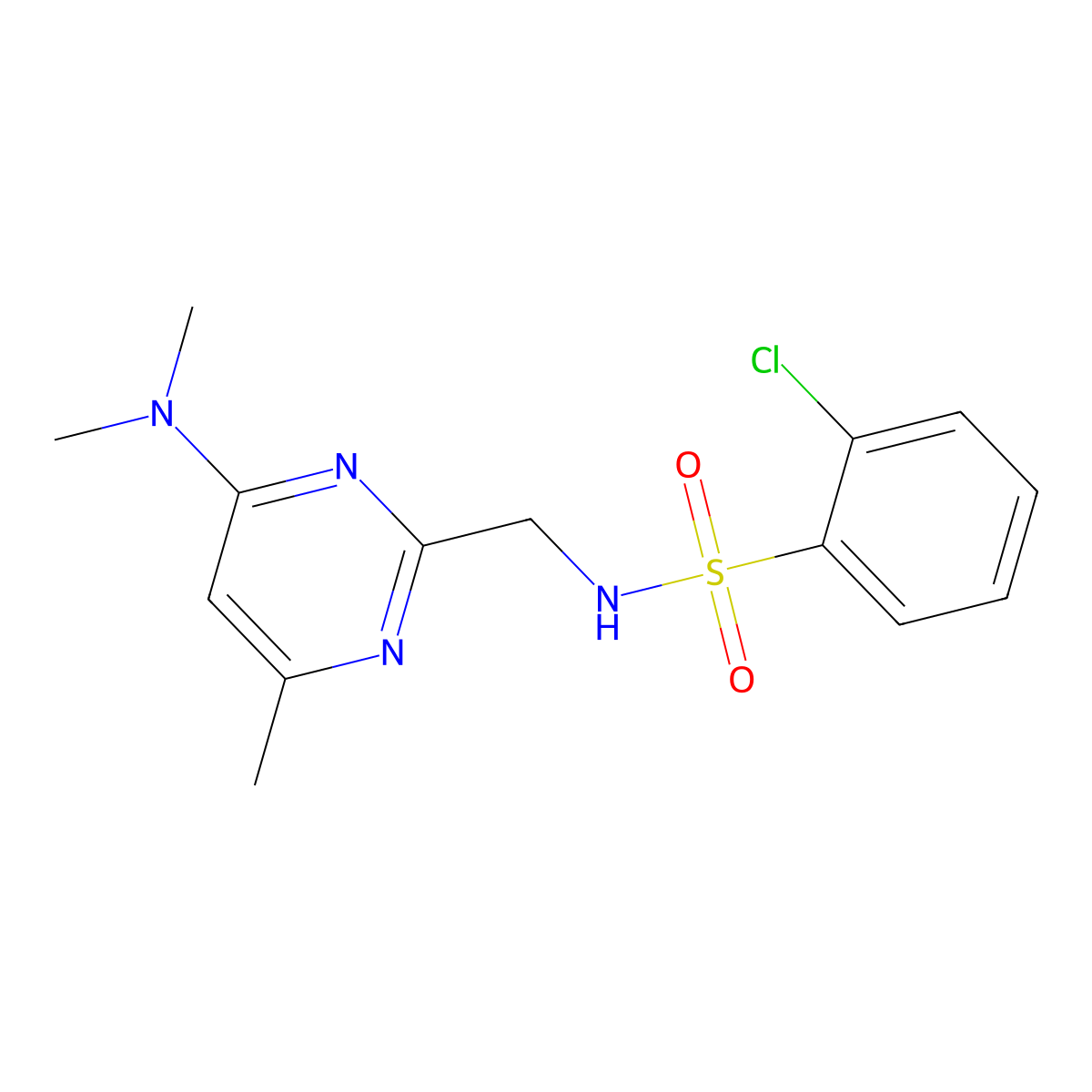 2-chloro-N-((4-(dimethylamino)-6-methylpyrimidin-2-yl)methyl)benzenesulfonamide molecular structure, CAS 1797811-81-4