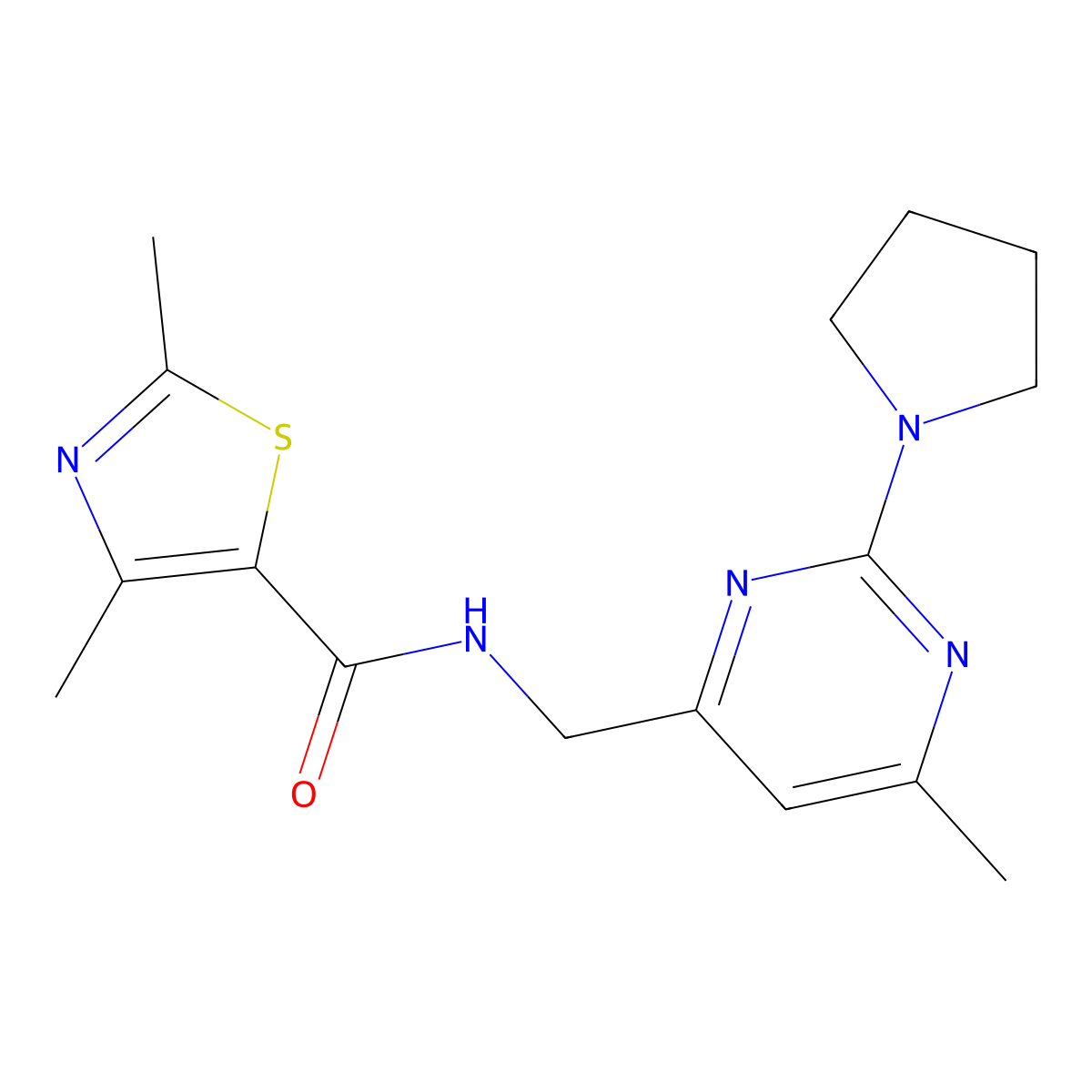 2,4-dimethyl-N-{[6-methyl-2-(pyrrolidin-1-yl)pyrimidin-4-yl]methyl}-1,3-thiazole-5-carboxamide molecular structure, CAS 1797812-92-0