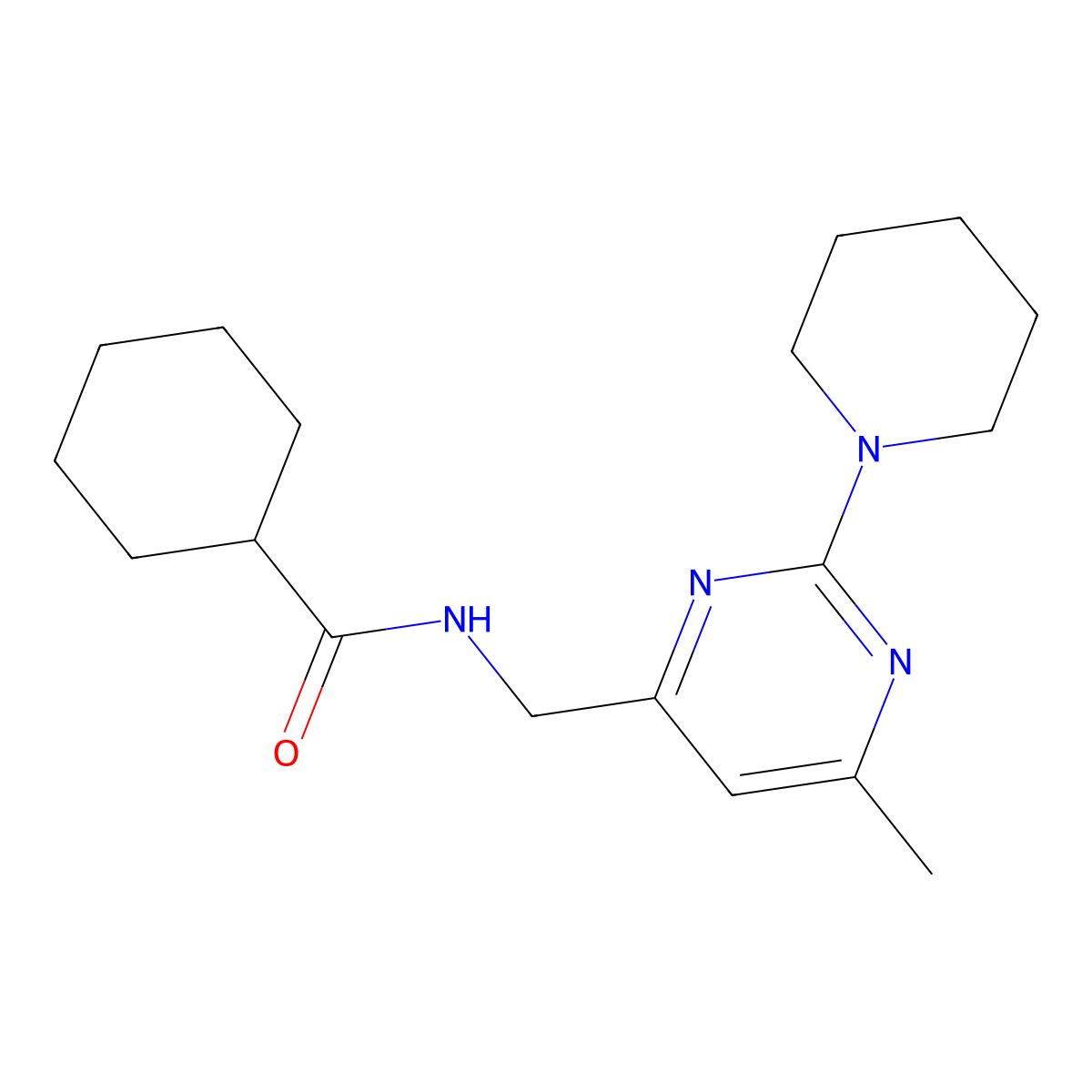 N-{[6-methyl-2-(piperidin-1-yl)pyrimidin-4-yl]methyl}cyclohexanecarboxamide molecular structure, CAS 1797813-06-9