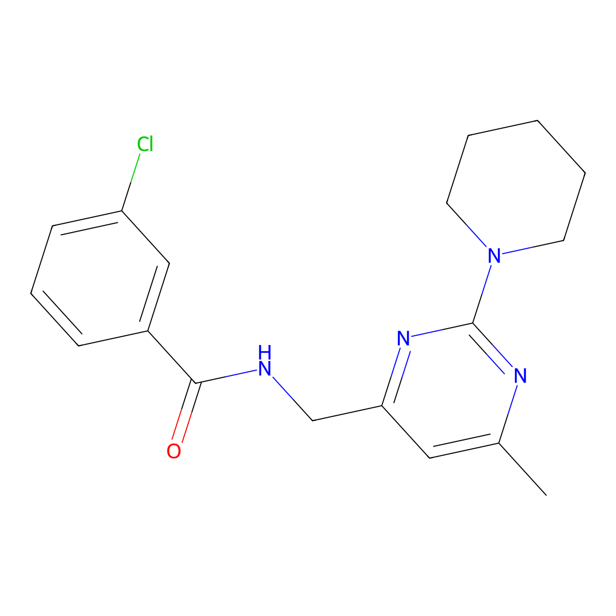 3-chloro-N-{[6-methyl-2-(piperidin-1-yl)pyrimidin-4-yl]methyl}benzamide molecular structure, CAS 1797813-16-1