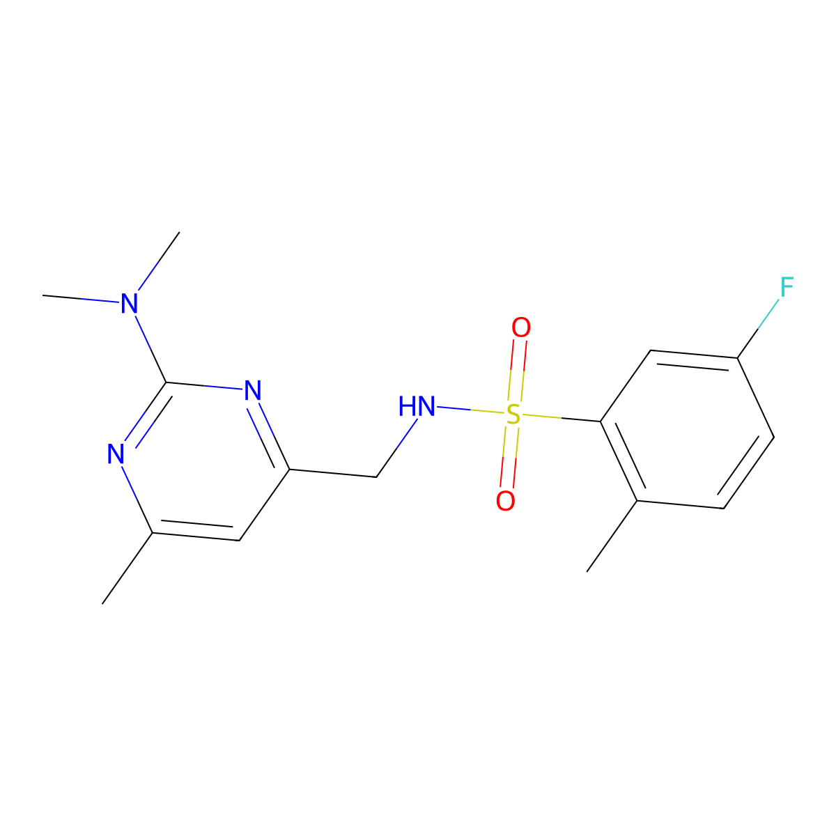 N-((2-(dimethylamino)-6-methylpyrimidin-4-yl)methyl)-5-fluoro-2-methylbenzenesulfonamide molecular structure, CAS 1797814-75-5
