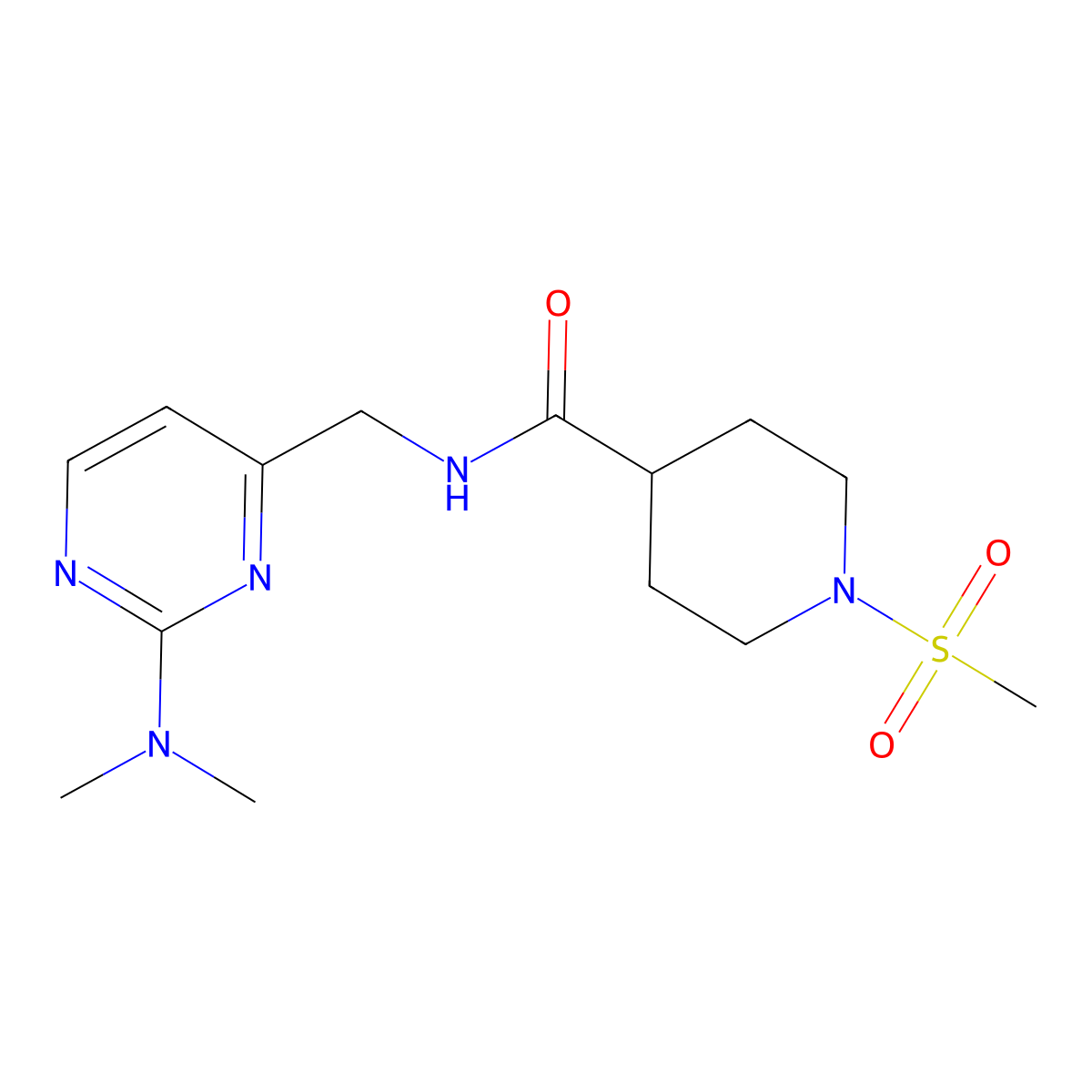 N-((2-(dimethylamino)pyrimidin-4-yl)methyl)-1-(methylsulfonyl)piperidine-4-carboxamide molecular structure, CAS 1797815-13-4