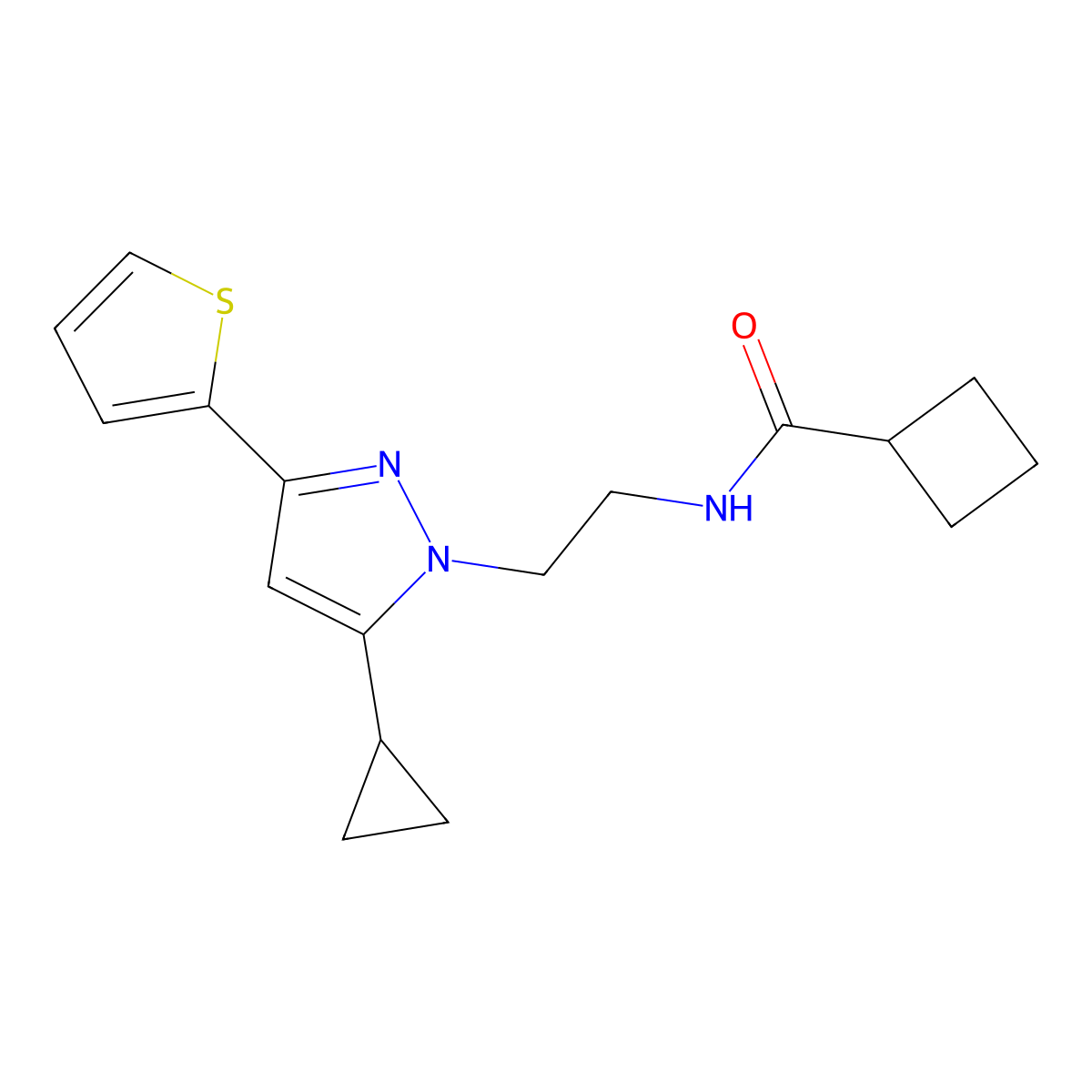 N-(2-(5-cyclopropyl-3-(thiophen-2-yl)-1H-pyrazol-1-yl)ethyl)cyclobutanecarboxamide molecular structure, CAS 1797816-48-8