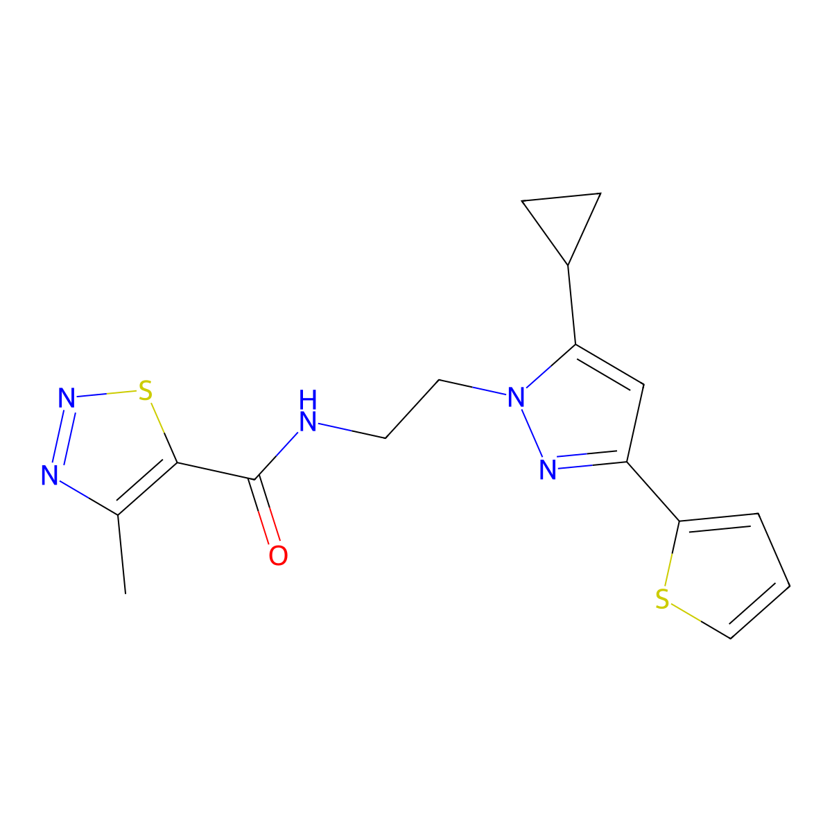 N-{2-[5-cyclopropyl-3-(thiophen-2-yl)-1H-pyrazol-1-yl]ethyl}-4-methyl-1,2,3-thiadiazole-5-carboxamide molecular structure, CAS 1797816-54-6
