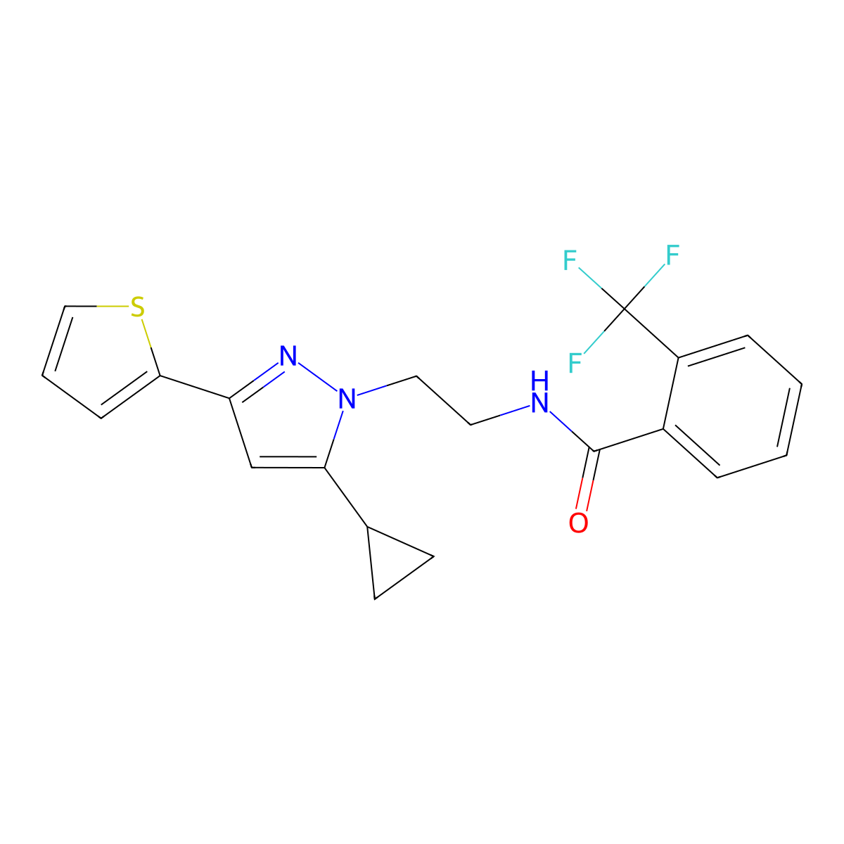 N-{2-[5-cyclopropyl-3-(thiophen-2-yl)-1H-pyrazol-1-yl]ethyl}-2-(trifluoromethyl)benzamide molecular structure, CAS 1797816-68-2