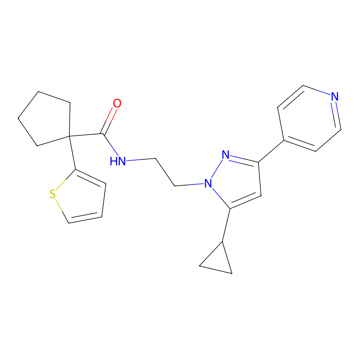 N-(2-(5-cyclopropyl-3-(pyridin-4-yl)-1H-pyrazol-1-yl)ethyl)-1-(thiophen-2-yl)cyclopentanecarboxamide molecular structure, CAS 1797816-70-6