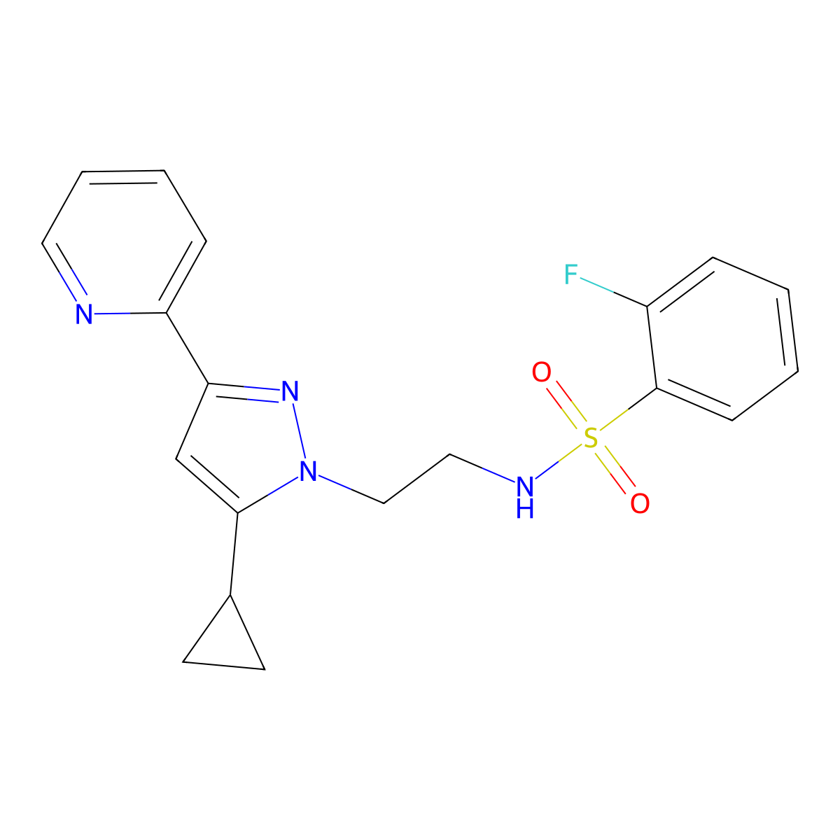 N-(2-(5-cyclopropyl-3-(pyridin-2-yl)-1H-pyrazol-1-yl)ethyl)-2-fluorobenzenesulfonamide molecular structure, CAS 1797816-75-1