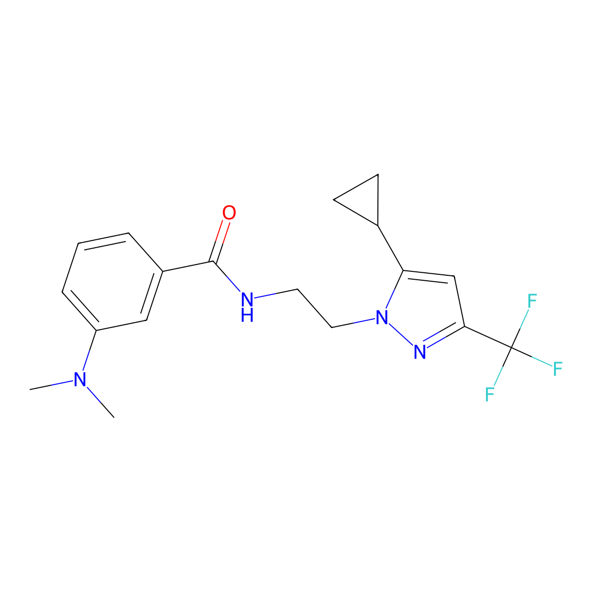 N-{2-[5-cyclopropyl-3-(trifluoromethyl)-1H-pyrazol-1-yl]ethyl}-3-(dimethylamino)benzamide molecular structure, CAS 1797816-97-7