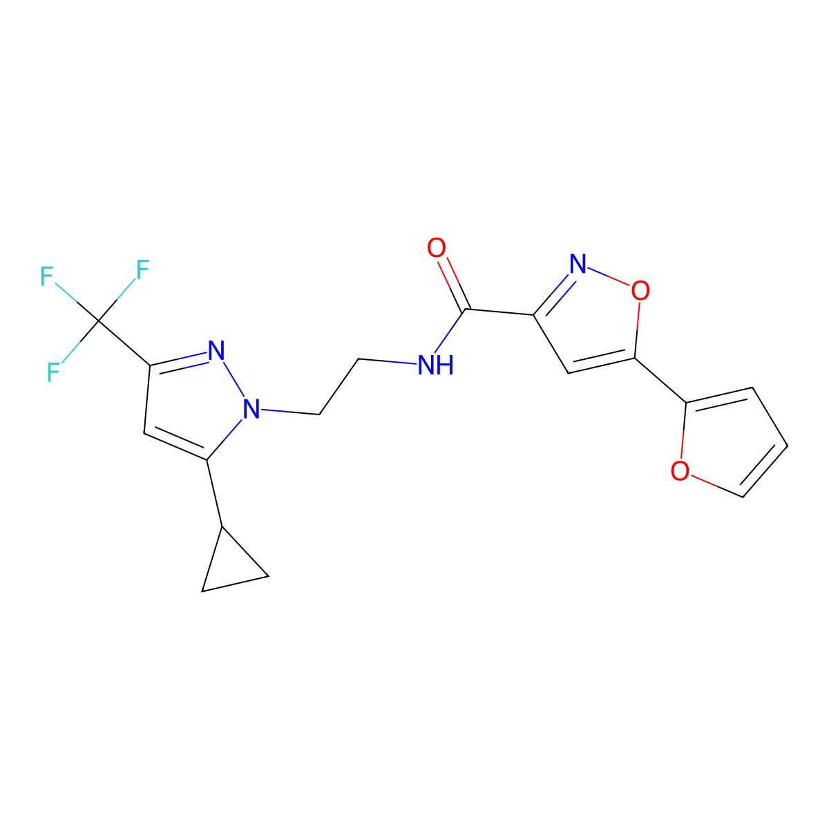 N-(2-(5-cyclopropyl-3-(trifluoromethyl)-1H-pyrazol-1-yl)ethyl)-5-(furan-2-yl)isoxazole-3-carboxamide molecular structure, CAS 1797817-04-9
