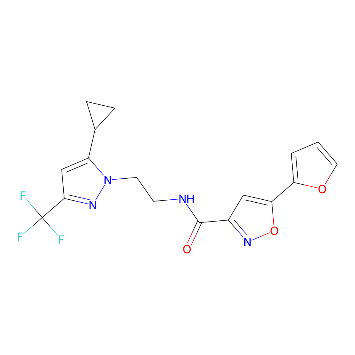 N-(2-(5-cyclopropyl-3-(trifluoromethyl)-1H-pyrazol-1-yl)ethyl)-5-(furan-2-yl)isoxazole-3-carboxamide molecular structure, CAS 1797817-04-9