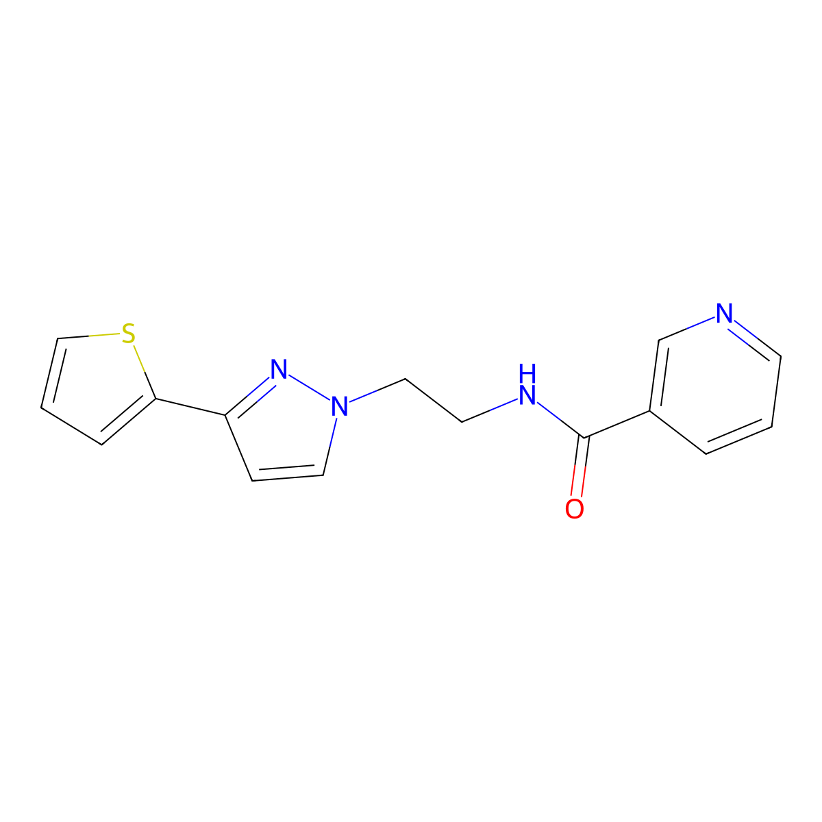 N-(2-(3-(thiophen-2-yl)-1H-pyrazol-1-yl)ethyl)nicotinamide molecular structure, CAS 1797822-55-9