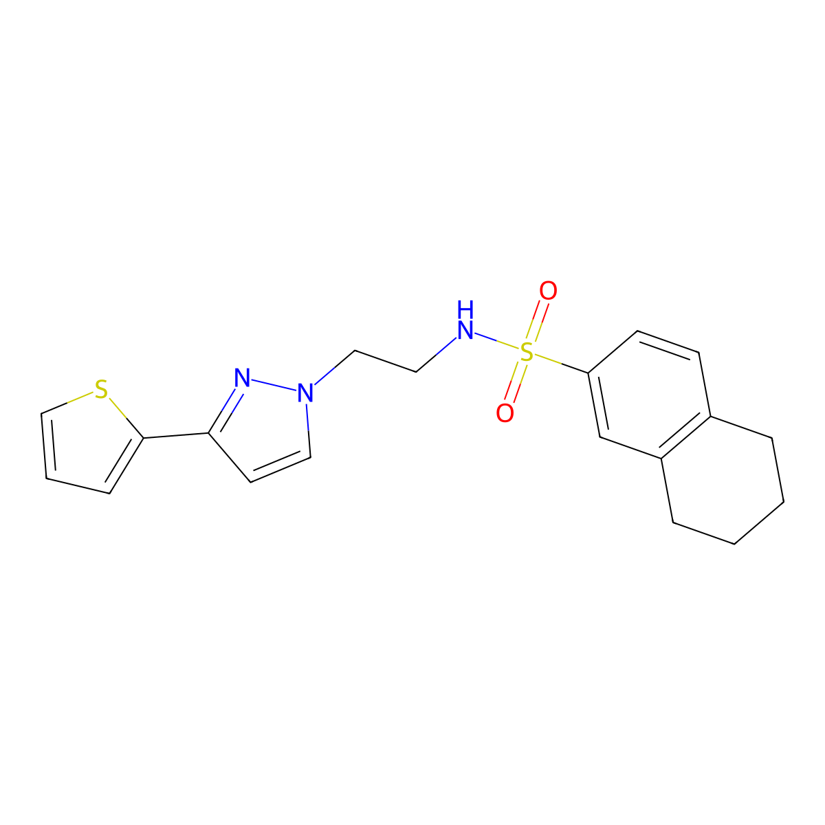 N-{2-[3-(thiophen-2-yl)-1H-pyrazol-1-yl]ethyl}-5,6,7,8-tetrahydronaphthalene-2-sulfonamide molecular structure, CAS 1797822-57-1