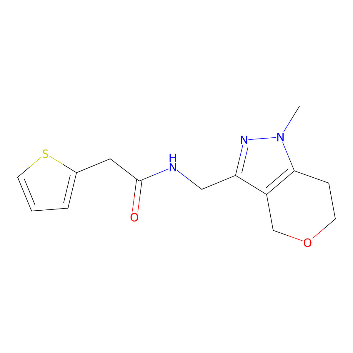 N-((1-methyl-1,4,6,7-tetrahydropyrano[4,3-c]pyrazol-3-yl)methyl)-2-(thiophen-2-yl)acetamide molecular structure, CAS 1797823-73-4