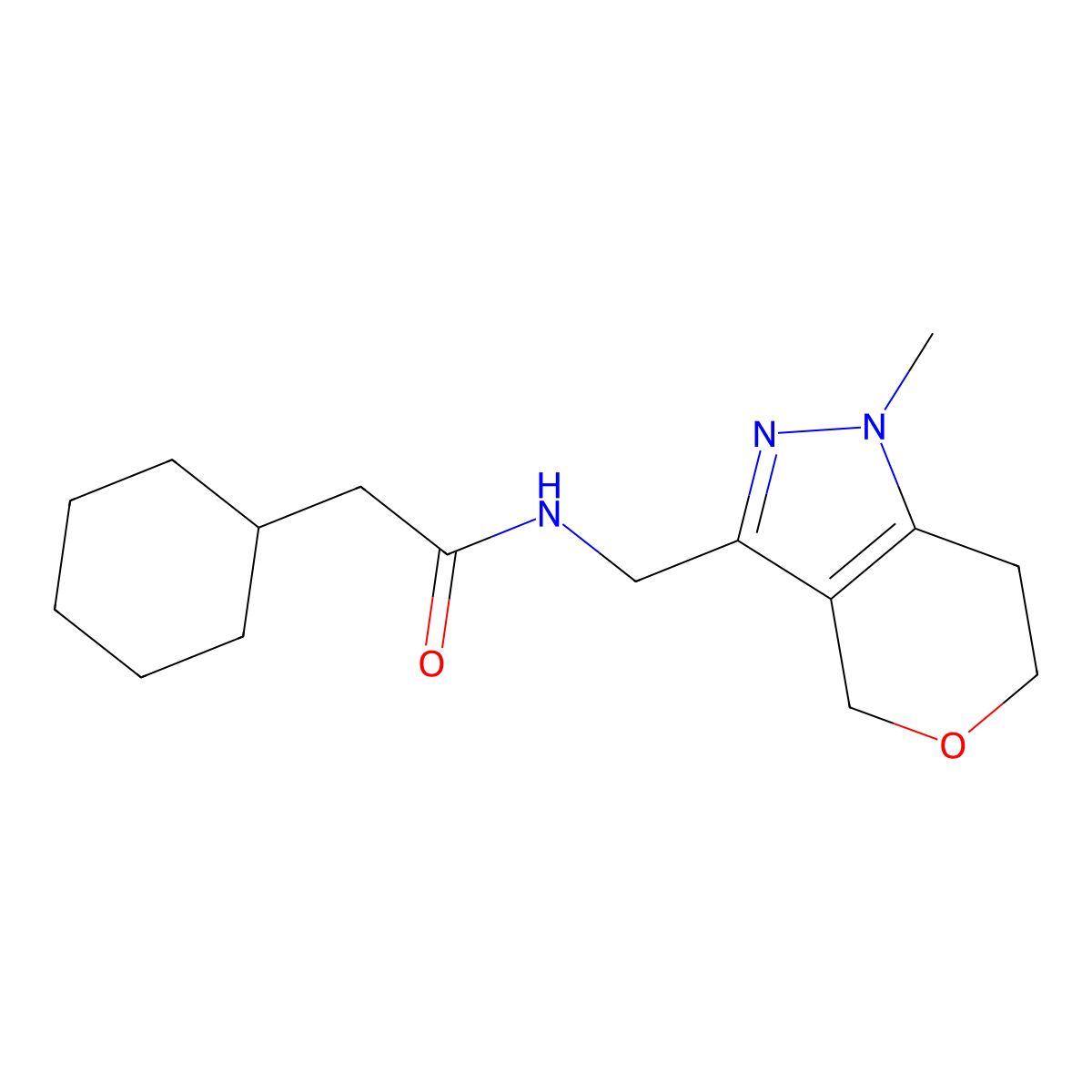 2-cyclohexyl-N-((1-methyl-1,4,6,7-tetrahydropyrano[4,3-c]pyrazol-3-yl)methyl)acetamide molecular structure, CAS 1797823-78-9