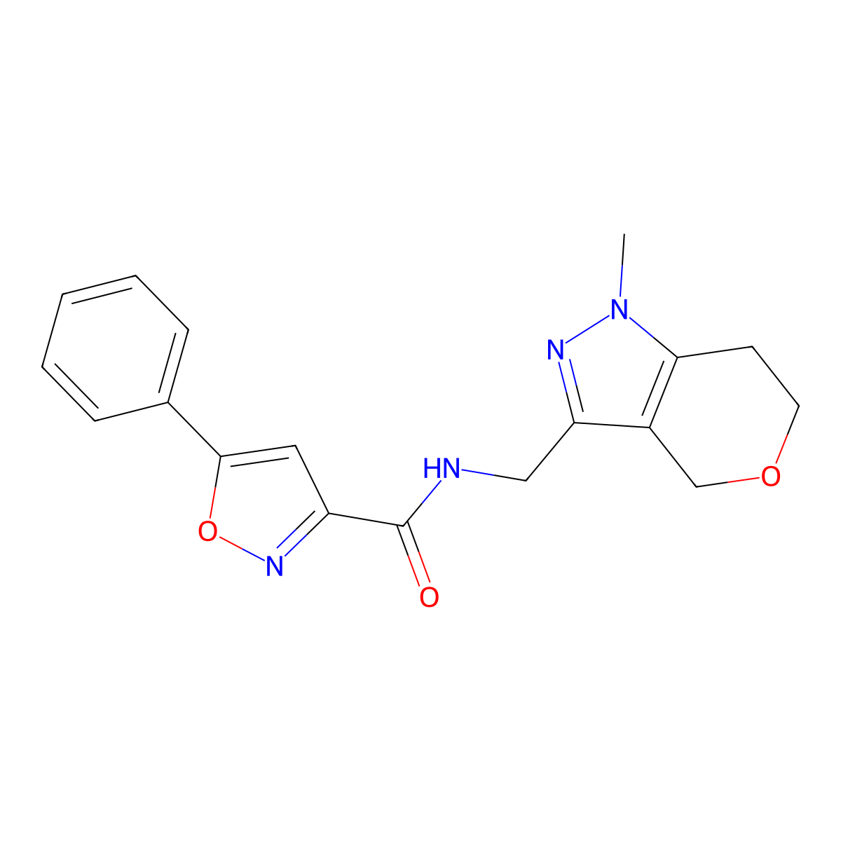 N-((1-methyl-1,4,6,7-tetrahydropyrano[4,3-c]pyrazol-3-yl)methyl)-5-phenylisoxazole-3-carboxamide molecular structure, CAS 1797823-86-9
