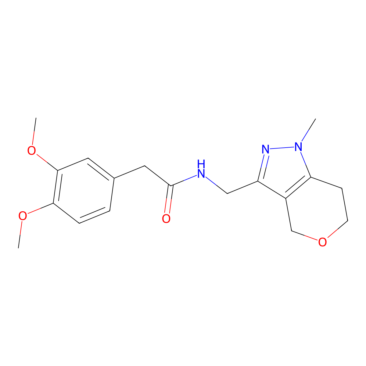 2-(3,4-dimethoxyphenyl)-N-((1-methyl-1,4,6,7-tetrahydropyrano[4,3-c]pyrazol-3-yl)methyl)acetamide molecular structure, CAS 1797823-88-1