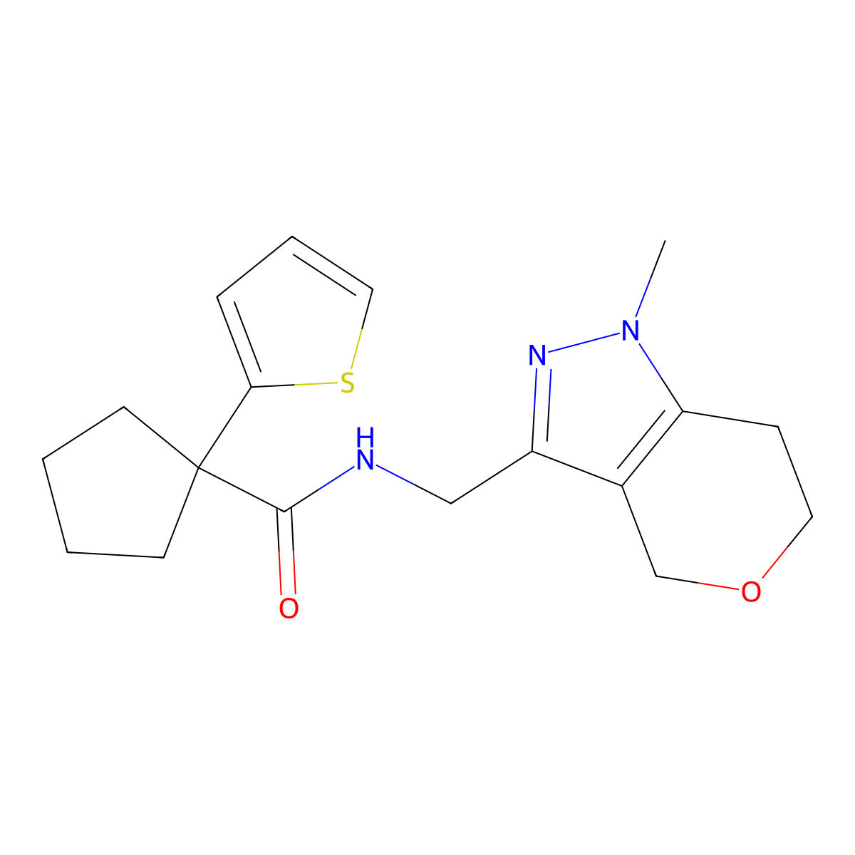 N-((1-methyl-1,4,6,7-tetrahydropyrano[4,3-c]pyrazol-3-yl)methyl)-1-(thiophen-2-yl)cyclopentanecarboxamide molecular structure, CAS 1797823-92-7