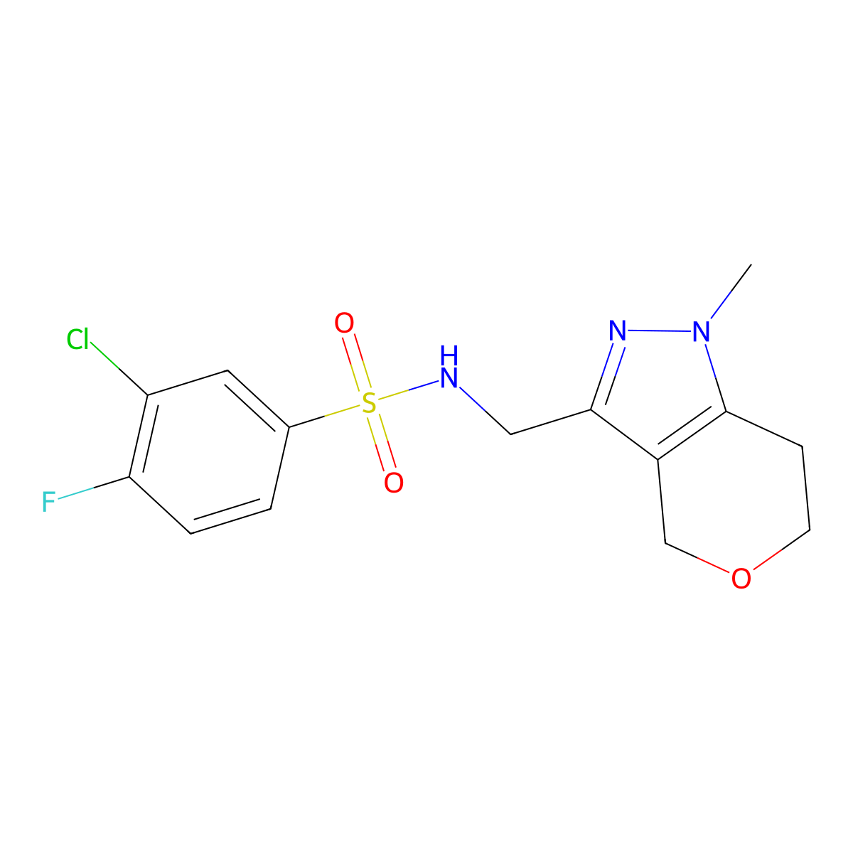 3-chloro-4-fluoro-N-((1-methyl-1,4,6,7-tetrahydropyrano[4,3-c]pyrazol-3-yl)methyl)benzenesulfonamide molecular structure, CAS 1797824-27-1