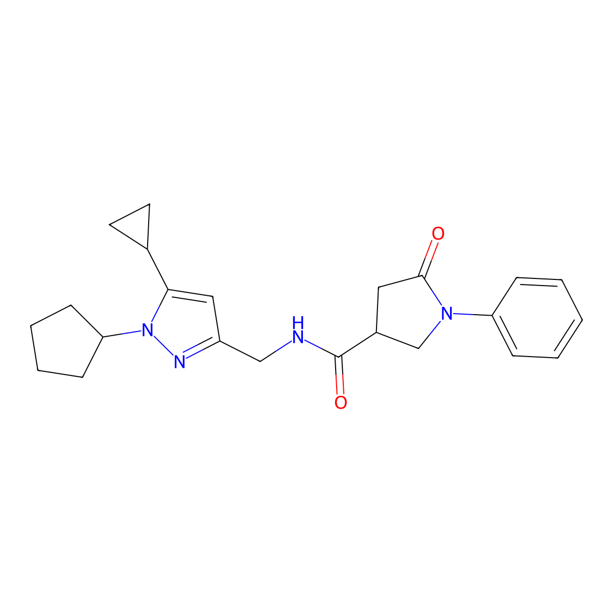 N-[(1-cyclopentyl-5-cyclopropyl-1H-pyrazol-3-yl)methyl]-5-oxo-1-phenylpyrrolidine-3-carboxamide molecular structure, CAS 1797824-30-6