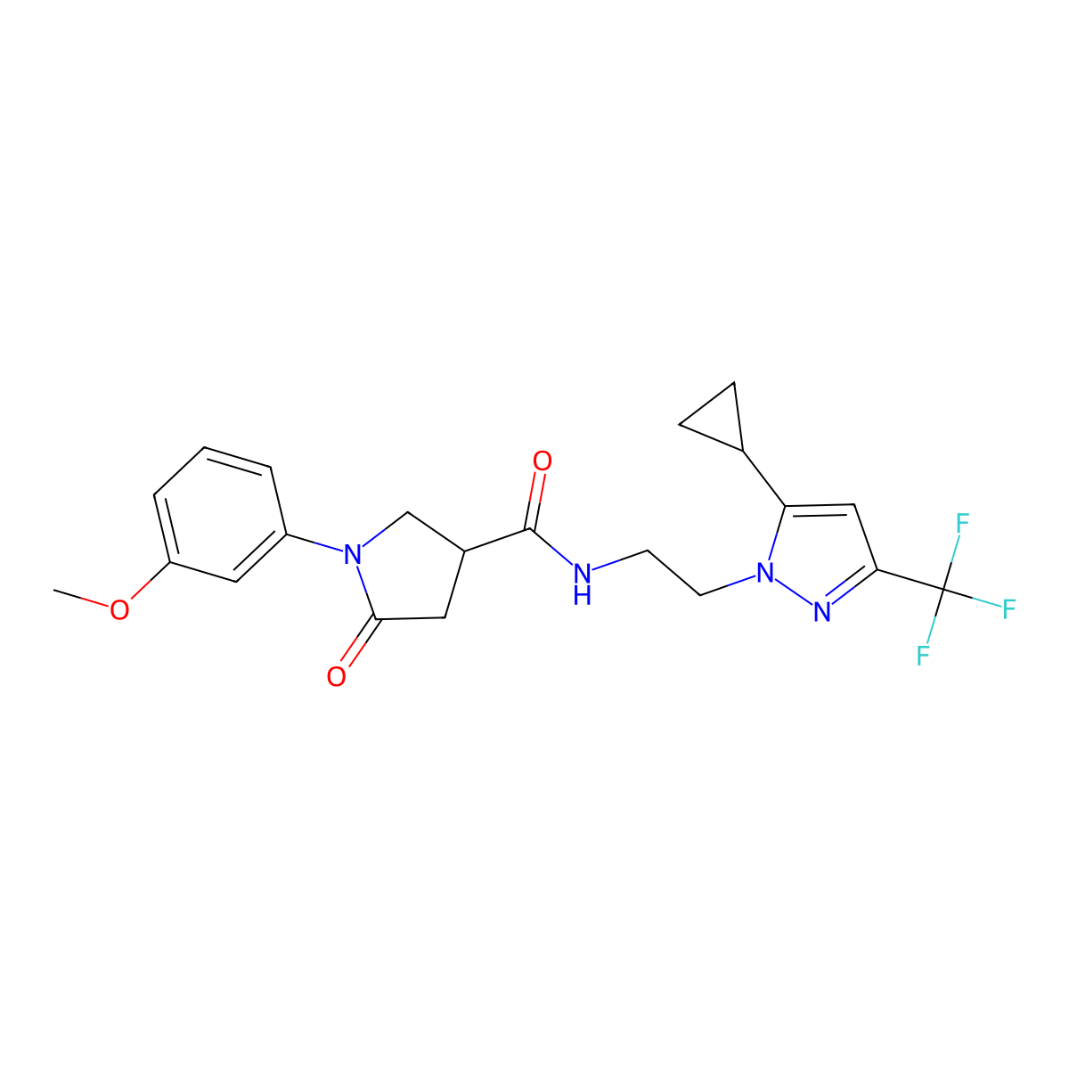 N-{2-[5-cyclopropyl-3-(trifluoromethyl)-1H-pyrazol-1-yl]ethyl}-1-(3-methoxyphenyl)-5-oxopyrrolidine-3-carboxamide molecular structure, CAS 1797831-16-3