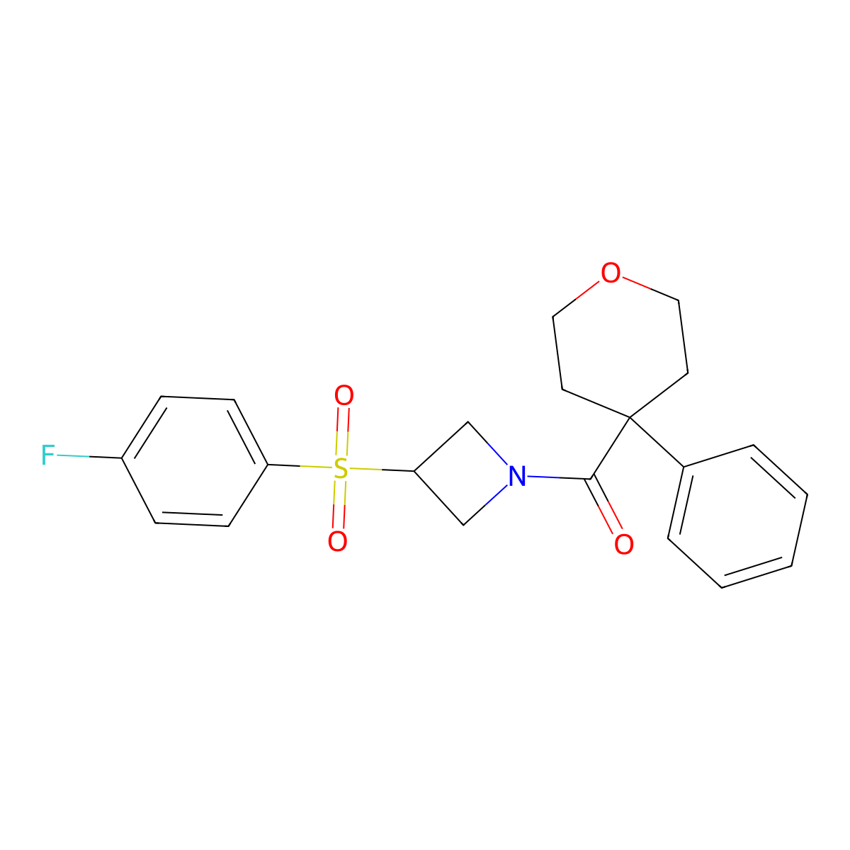 (3-((4-fluorophenyl)sulfonyl)azetidin-1-yl)(4-phenyltetrahydro-2H-pyran-4-yl)methanone molecular structure, CAS 1797839-04-3