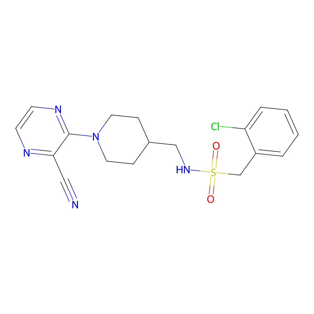 1-(2-chlorophenyl)-N-((1-(3-cyanopyrazin-2-yl)piperidin-4-yl)methyl)methanesulfonamide molecular structure, CAS 1797844-36-0