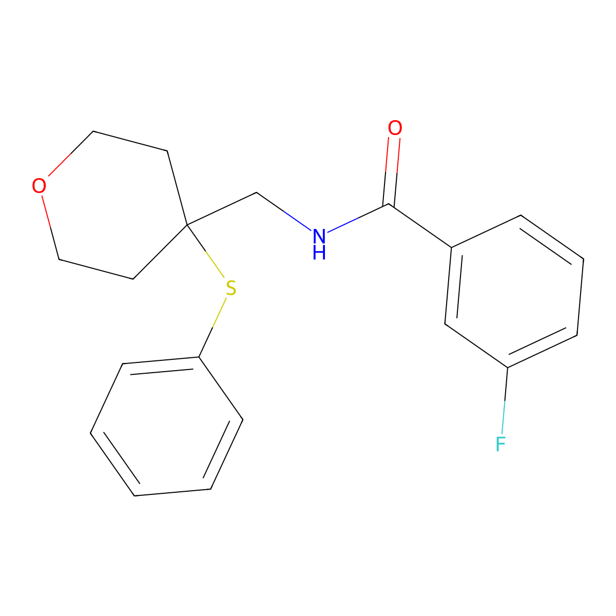 3-fluoro-N-((4-(phenylthio)tetrahydro-2H-pyran-4-yl)methyl)benzamide molecular structure, CAS 1797844-74-6