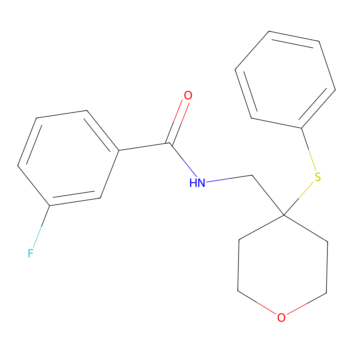 3-fluoro-N-((4-(phenylthio)tetrahydro-2H-pyran-4-yl)methyl)benzamide molecular structure, CAS 1797844-74-6