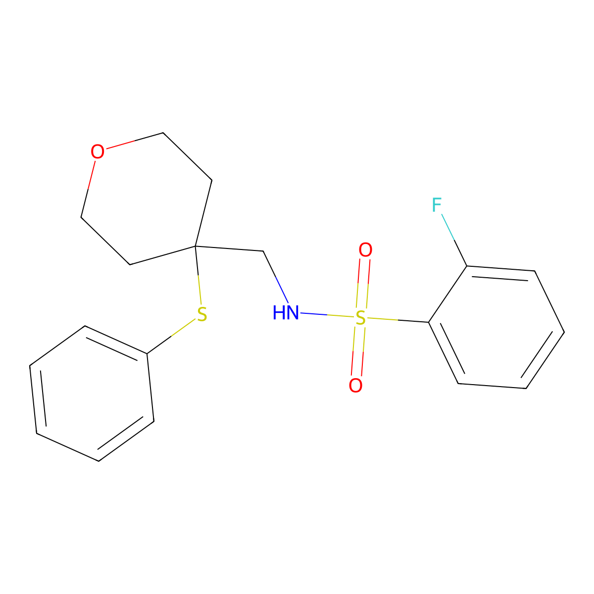 2-fluoro-N-((4-(phenylthio)tetrahydro-2H-pyran-4-yl)methyl)benzenesulfonamide molecular structure, CAS 1797844-78-0