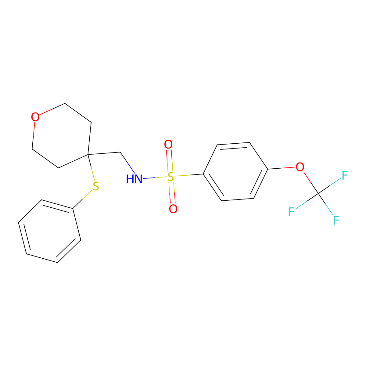 N-((4-(phenylthio)tetrahydro-2H-pyran-4-yl)methyl)-4-(trifluoromethoxy)benzenesulfonamide molecular structure, CAS 1797845-02-3