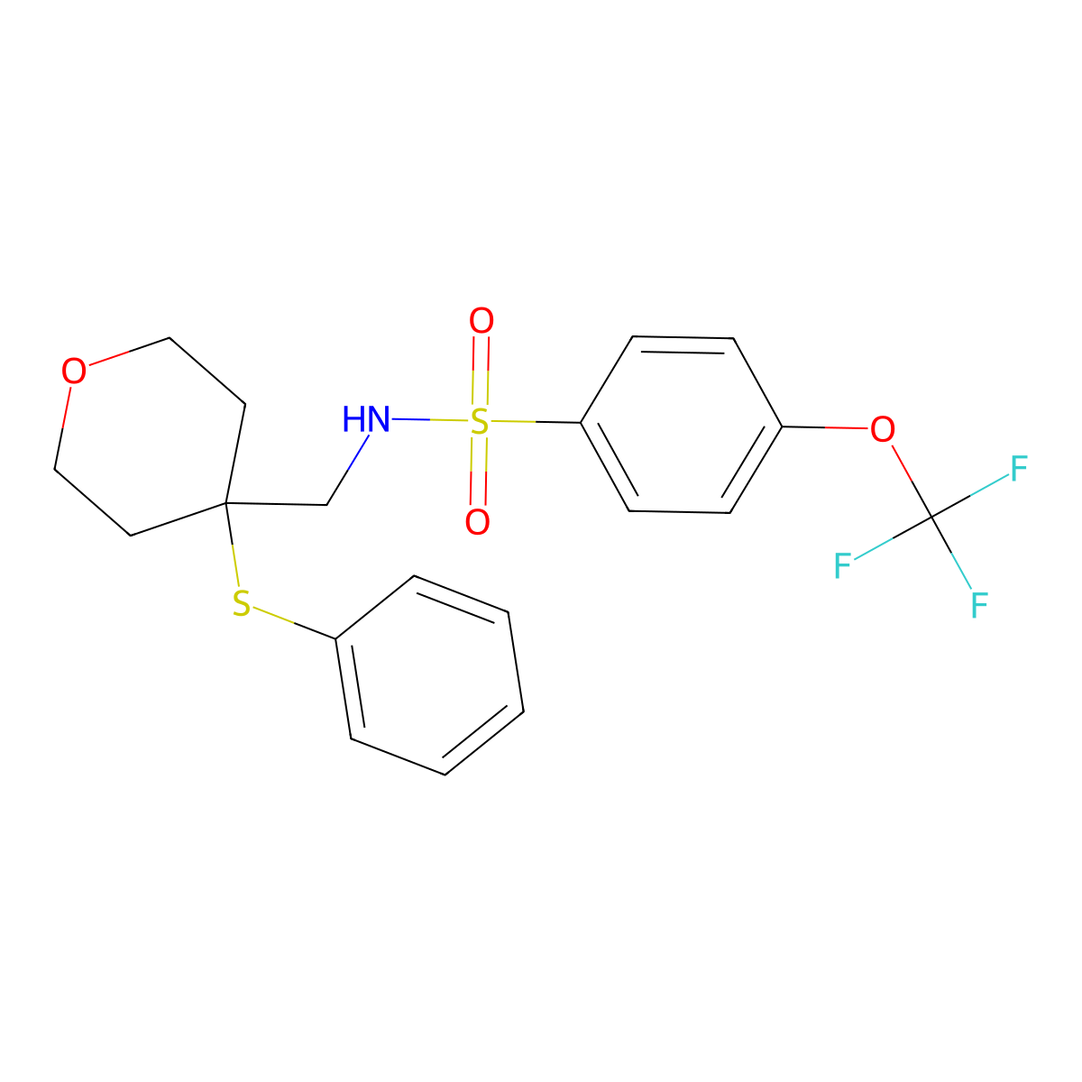 N-((4-(phenylthio)tetrahydro-2H-pyran-4-yl)methyl)-4-(trifluoromethoxy)benzenesulfonamide molecular structure, CAS 1797845-02-3