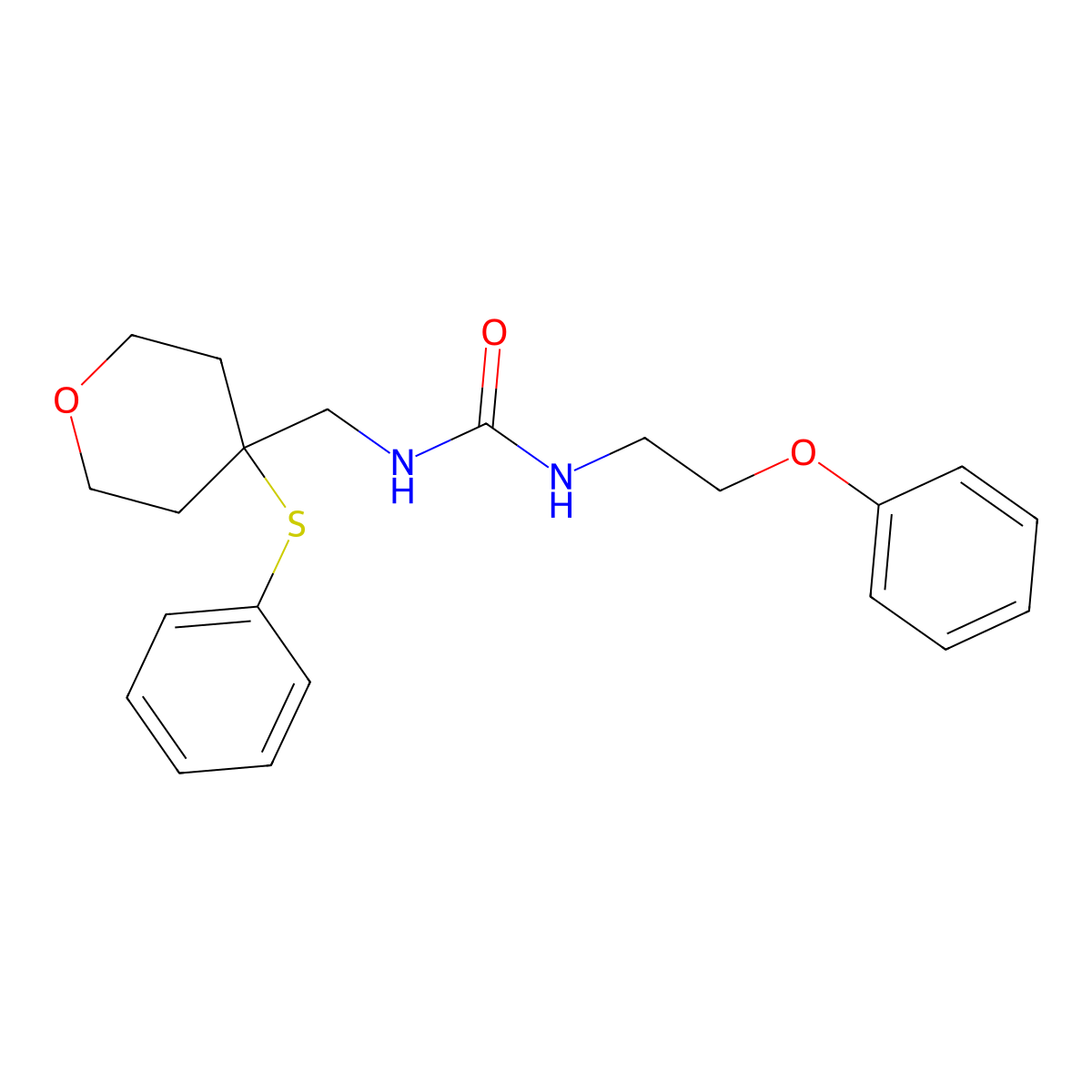 1-(2-phenoxyethyl)-3-((4-(phenylthio)tetrahydro-2H-pyran-4-yl)methyl)urea molecular structure, CAS 1797845-30-7