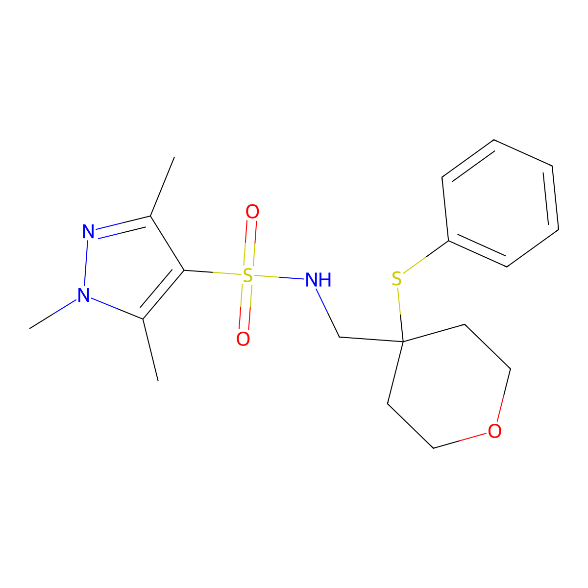 1,3,5-trimethyl-N-((4-(phenylthio)tetrahydro-2H-pyran-4-yl)methyl)-1H-pyrazole-4-sulfonamide molecular structure, CAS 1797845-37-4