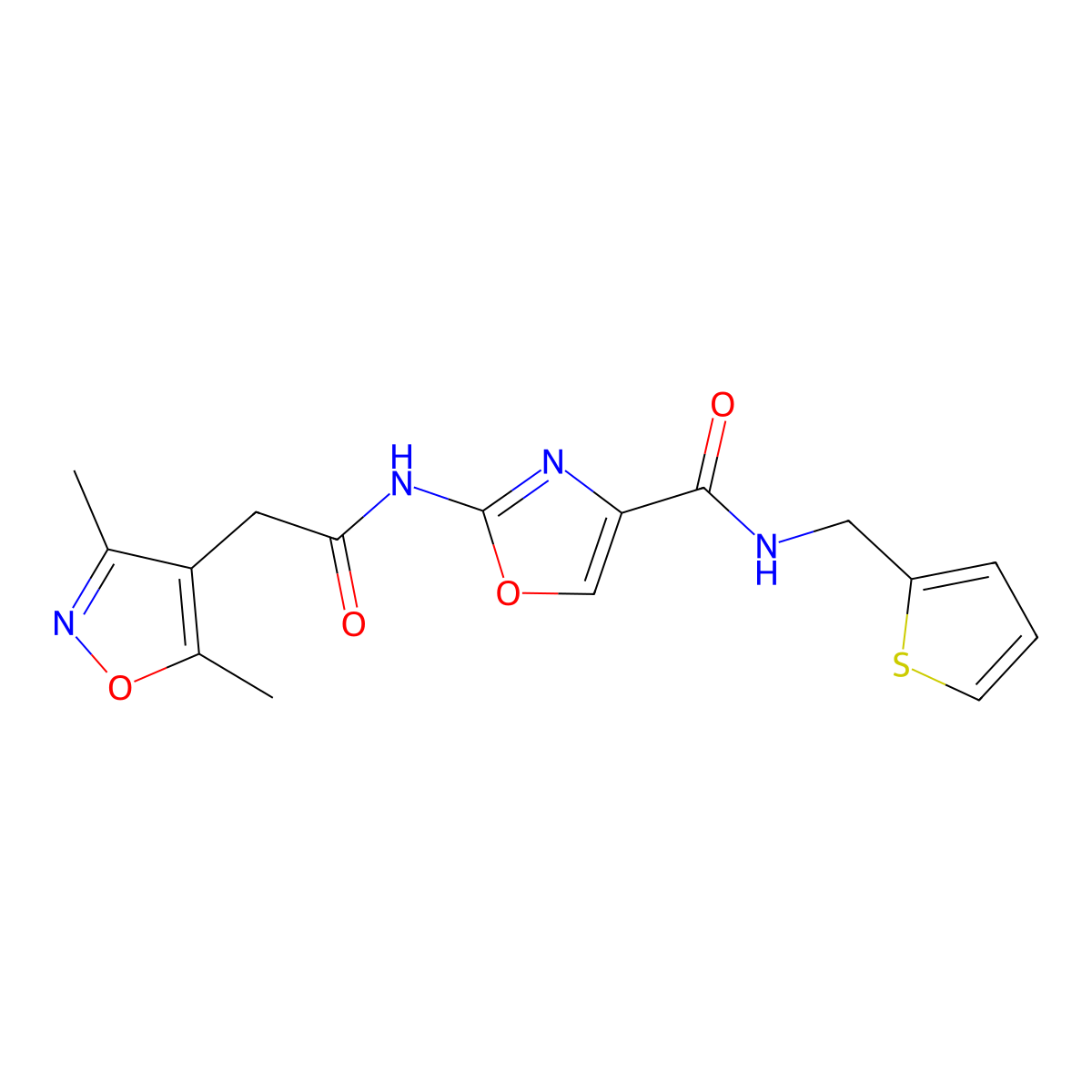 2-(2-(3,5-dimethylisoxazol-4-yl)acetamido)-N-(thiophen-2-ylmethyl)oxazole-4-carboxamide molecular structure, CAS 1797845-76-1