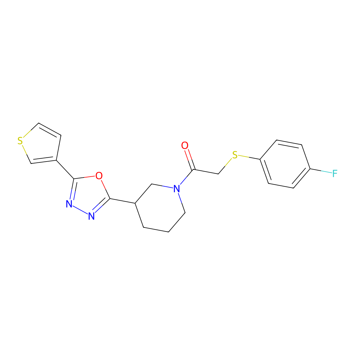 2-((4-Fluorophenyl)thio)-1-(3-(5-(thiophen-3-yl)-1,3,4-oxadiazol-2-yl)piperidin-1-yl)ethanone molecular structure, CAS 1797846-24-2