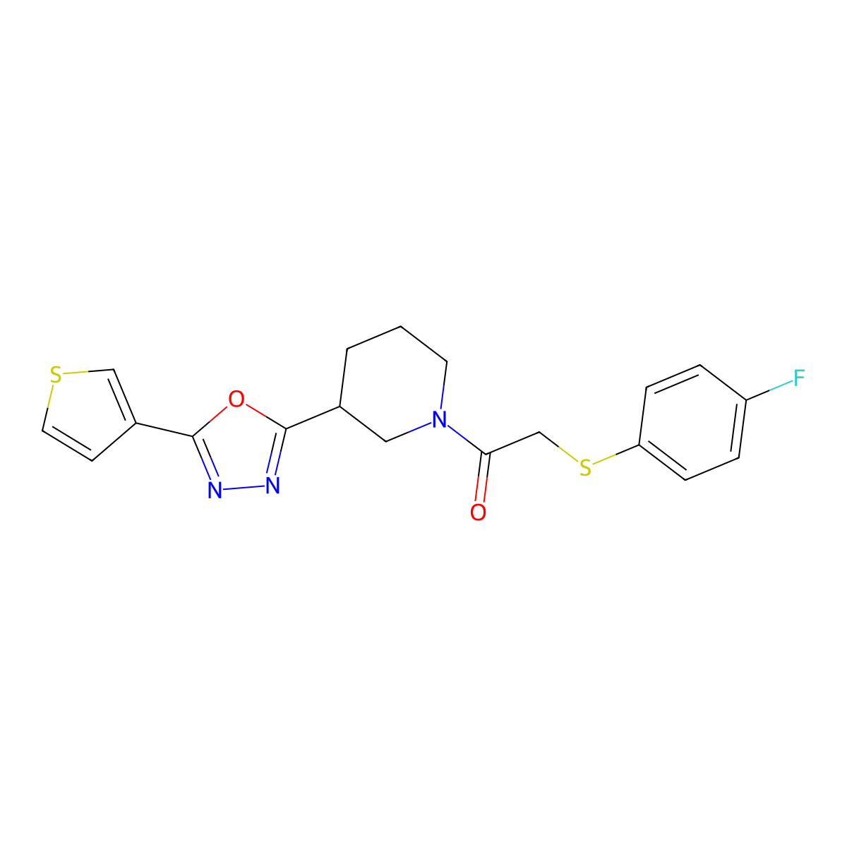 2-((4-Fluorophenyl)thio)-1-(3-(5-(thiophen-3-yl)-1,3,4-oxadiazol-2-yl)piperidin-1-yl)ethanone molecular structure, CAS 1797846-24-2