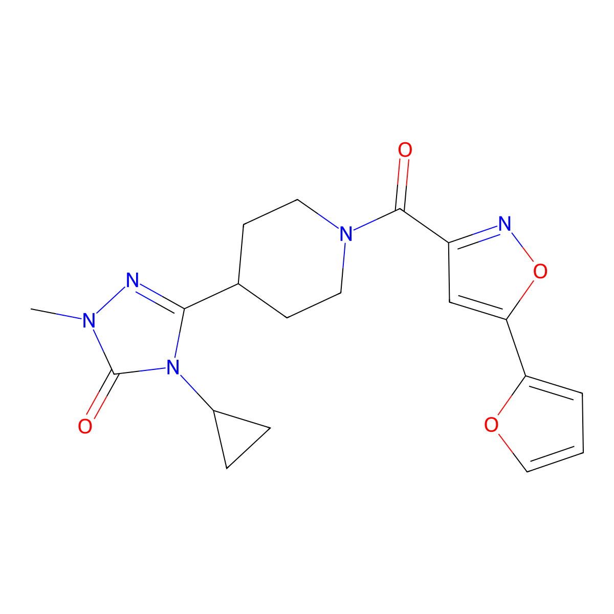 4-cyclopropyl-3-(1-(5-(furan-2-yl)isoxazole-3-carbonyl)piperidin-4-yl)-1-methyl-1H-1,2,4-triazol-5(4H)-one molecular structure, CAS 1797846-40-2