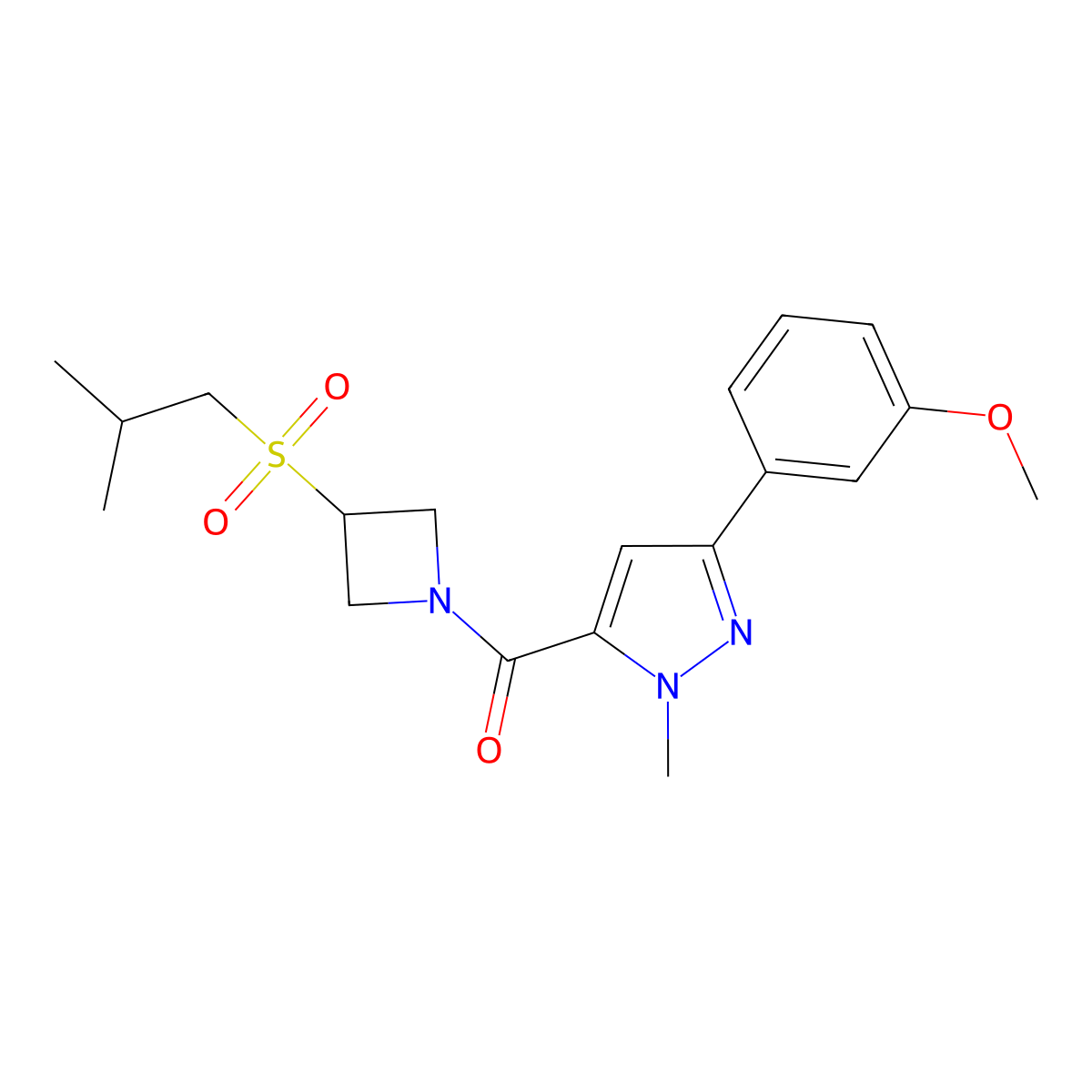 (3-(isobutylsulfonyl)azetidin-1-yl)(3-(3-methoxyphenyl)-1-methyl-1H-pyrazol-5-yl)methanone molecular structure, CAS 1797846-98-0