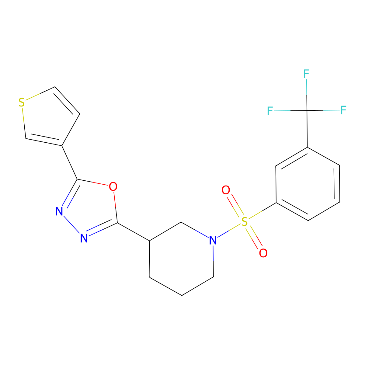 2-(Thiophen-3-yl)-5-(1-((3-(trifluoromethyl)phenyl)sulfonyl)piperidin-3-yl)-1,3,4-oxadiazole molecular structure, CAS 1797847-64-3