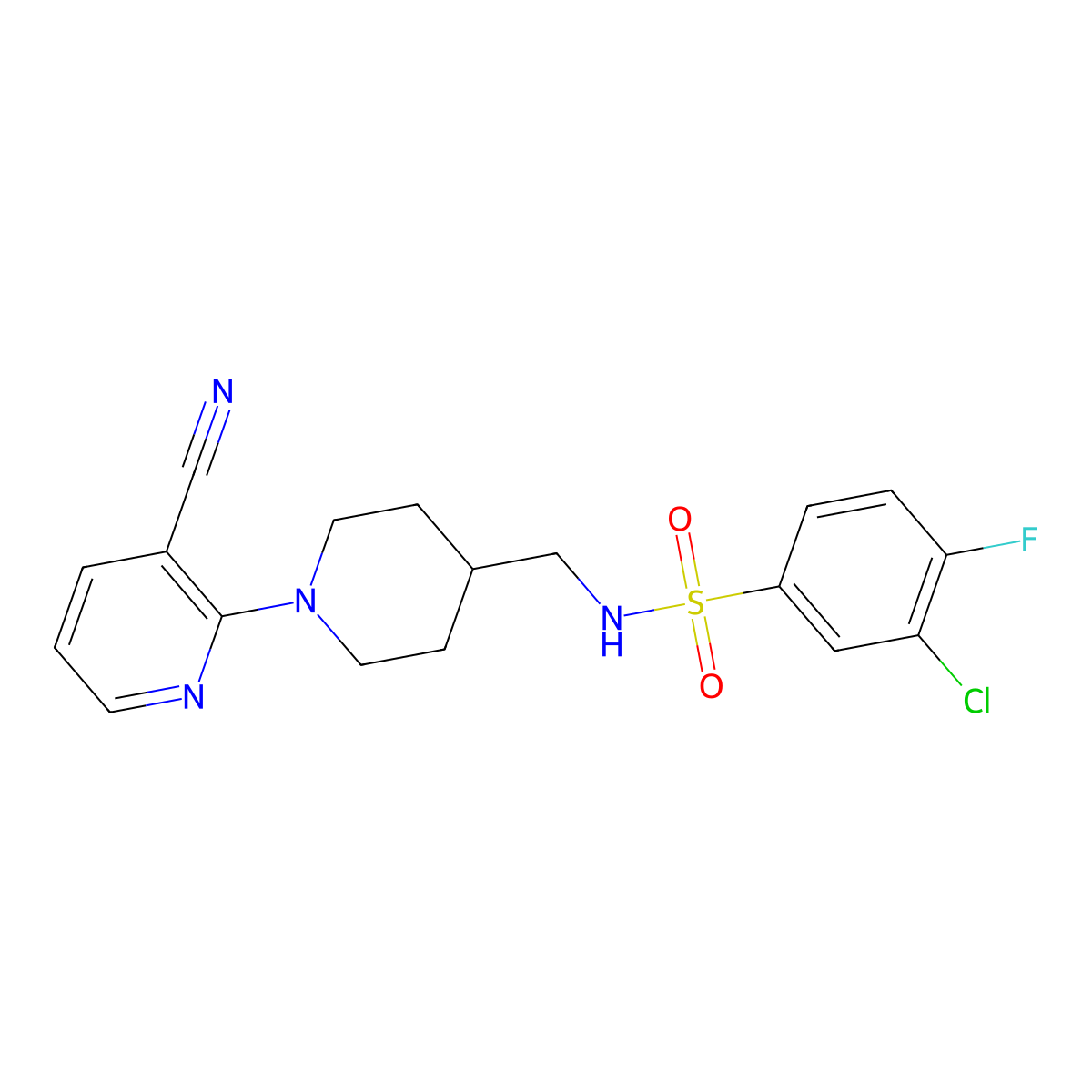 3-chloro-N-((1-(3-cyanopyridin-2-yl)piperidin-4-yl)methyl)-4-fluorobenzenesulfonamide molecular structure, CAS 1797852-19-7