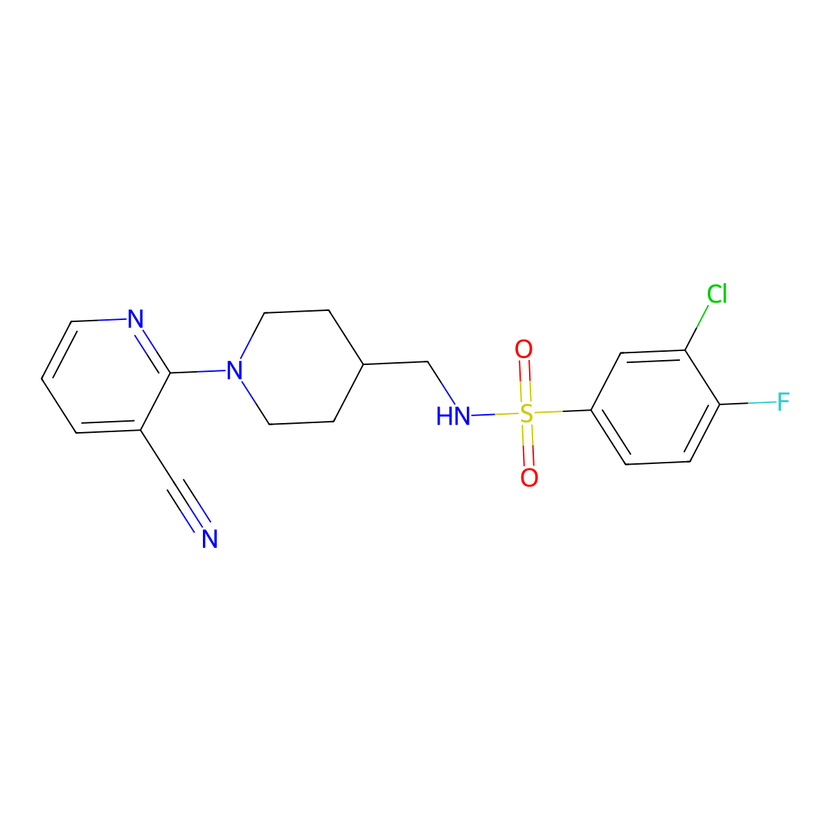 3-chloro-N-((1-(3-cyanopyridin-2-yl)piperidin-4-yl)methyl)-4-fluorobenzenesulfonamide molecular structure, CAS 1797852-19-7